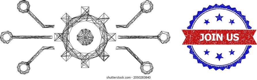 Net electronic machinery carcass icon, and bicolor scratched Join Us watermark. Flat carcass created from electronic machinery symbol and crossed lines. Vector watermark with distress bicolored style,