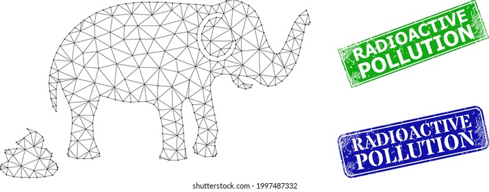 Imagen de la porquería de elefantes netos y placas de grunge rectangulares de color azul y verde de la contaminación radiactiva. La imagen de la canal de malla se basa en un pictograma de mierda de elefante.