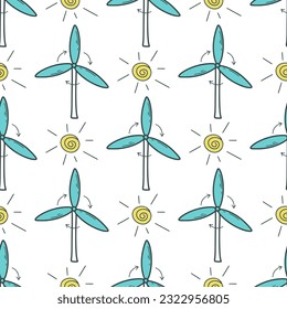 Net energy of sun and wind pattern. Windmill seamless pattern doodle style. Caring for the environment, using renewable energy sources, vector illustration