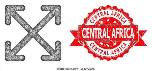 Net enlarge arrows icon, and Central Africa textured ribbon stamp seal. Red stamp seal includes Central Africa text inside ribbon.Geometric linear carcass flat net based on enlarge arrows icon,