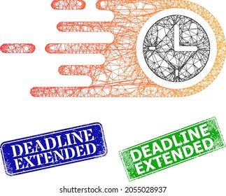 Net fast clock image, and Deadline Extended blue and green rectangular unclean stamp seals. Mesh carcass image designed with fast clock icon.