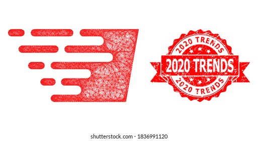 Icono de efecto rápido neto y sello de cinta rayado 2020 Trends. El sello rojo contiene el título 2020 Trends dentro de la cinta.Red plana de canal con eclosión geométrica basada en un icono de efecto rápido,