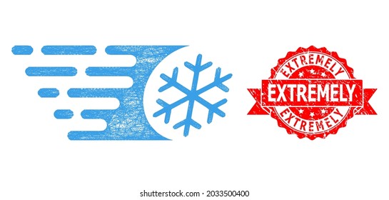 Net fast freezing icon, and Extremely rubber ribbon stamp seal. Red stamp seal contains Extremely title inside ribbon.Geometric hatched frame flat net based on fast freezing icon,
