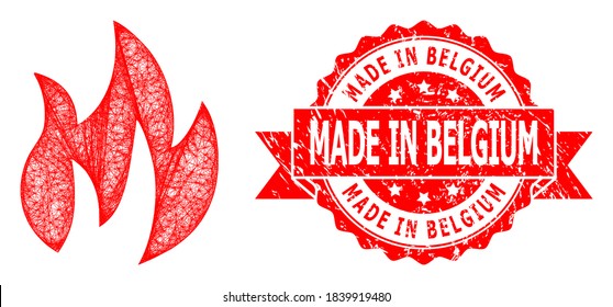 Net fire icon, and Made in Belgium rubber ribbon seal imitation. Red stamp seal has Made in Belgium tag inside ribbon.Geometric wire frame flat net based on fire icon, generated from crossing lines.