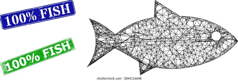 Net fish model, and 100 percent Fish blue and green rectangle corroded stamp seals. Mesh wireframe illustration based on fish pictogram. Stamp seals have 100 percent Fish text inside rectangle form.