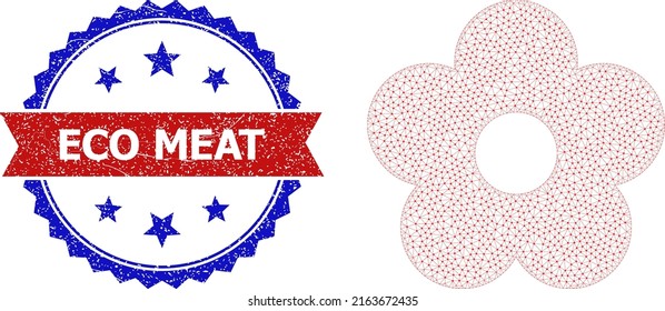 Net flower model icon, and bicolor scratched Eco Meat seal stamp. Polygonal wireframe image is designed with flower icon. Vector seal with Eco Meat title inside red ribbon and blue rosette,