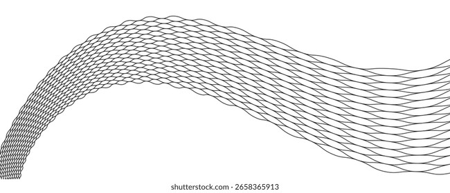 Voo de rede acenando. Textura onda têxtil. Tecido células quadradas de vento do mar. Ilustração vetorial de colinas. Fluxo do fluxo de vento da bandeira. Estrutura de rede superfície quadriculado fundo linhas esportivas borda.