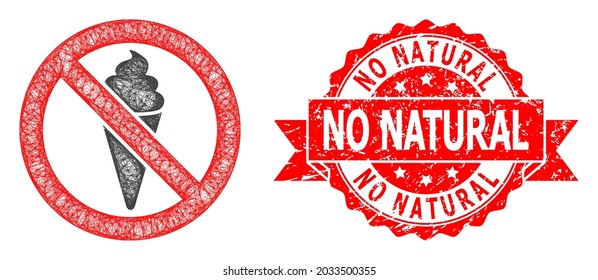 Icono de helado prohibido en la red y sello de cinta sin natural. El sello rojo no contiene ninguna etiqueta natural dentro de la cinta.Red de marco con trama geométrica 2D basada en un icono de helado prohibido,
