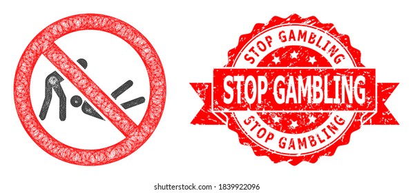 Net forbidden judo struggle icon, and Stop Gambling corroded ribbon seal print. Red stamp seal includes Stop Gambling caption inside ribbon.