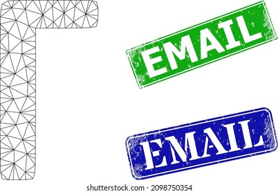 Net Gamma Greek symbol model, and Email blue and green rectangular textured stamp seals. Mesh wireframe symbol created from Gamma Greek symbol pictogram.