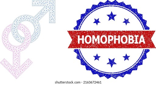 La pareja gay de la red firma la ilustración de la estructura de alambre, y el sello de la homofobia no limpia bicolor. La ilustración de trama poligonal está diseñada con el icono de signo de par gay.