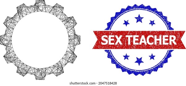 Icono del marco del engranaje neto, y sello de sello de sello del Sex Teacher bicolor sucio. Marco plano creado a partir del icono de engranaje y de las líneas de cruce. Impresión vectorial con un estilo bicoloro rayado,