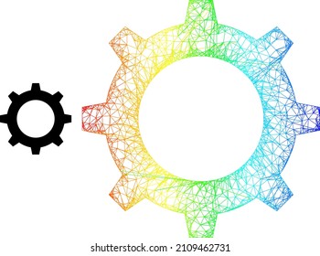 Net gear frame icon with spectral gradient. Colored frame net gear icon. Flat structure created from gear icon and crossing lines.