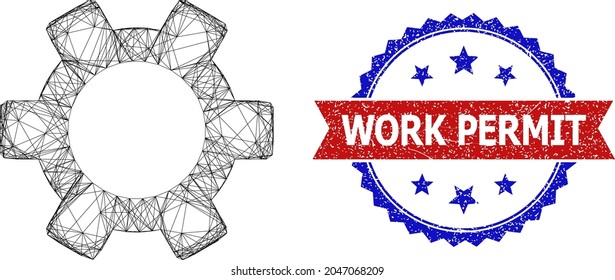 Net gear model illustration, and bicolor rubber Work Permit stamp. Flat model created from gear symbol and crossed lines. Vector imprint with scratched bicolored style,