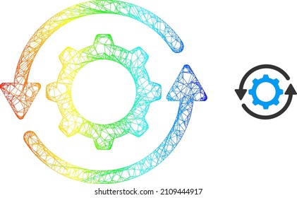 Net gear rotation model icon with rainbow gradient. Colorful carcass net gear rotation icon. Flat carcass created from gear rotation icon and intersected lines.