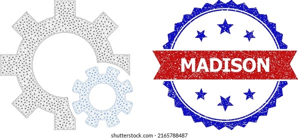 Net gear settings wireframe icon, and bicolor scratched Madison seal. Mesh wireframe symbol designed with gear settings icon. Vector imprint with Madison tag inside red ribbon and blue rosette,