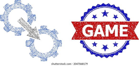 Net gears integration carcass icon, and bicolor grunge Game watermark. Flat carcass created from gears integration icon and crossed lines. Vector imprint with scratched bicolored style,