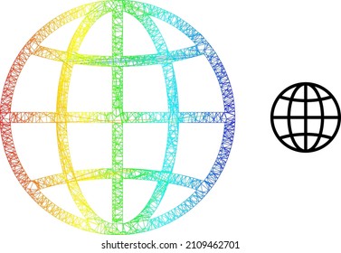 Net globe frame icon with rainbow gradient. Colorful carcass net globe icon. Flat carcass created from globe icon and intersected lines.