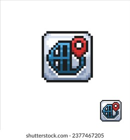 net globe with GPS point in pixel art style