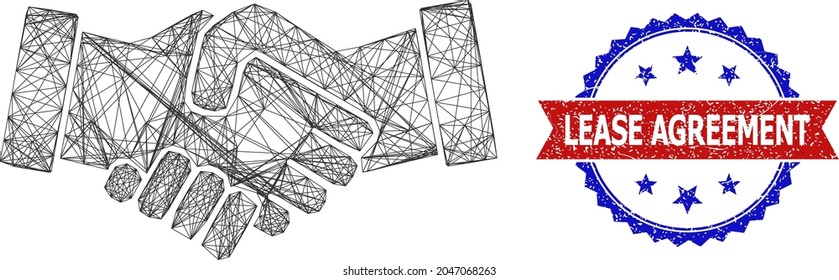 Net handshake frame icon, and bicolor unclean Lease Agreement seal. Flat mesh created from handshake icon and crossed lines. Vector seal with distress bicolored style,