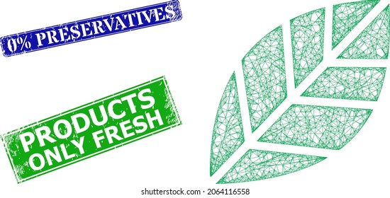 Net herbal leaf image, and 0 percent Preservatives blue and green rectangle unclean stamp seals. Mesh wireframe illustration based on herbal leaf pictogram.