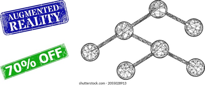 Die Netzhierarchie verbindet Bild und Augmented Reality Blue und Green rechteckige Grunge-Abzeichen. Mesh-Schlachtkörperbild wird aus dem hierarchischen Linkbild Piktogramm erstellt.