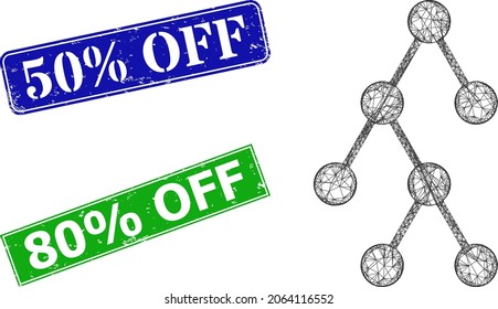 Net hierarchy structure model, and 50 percent Off blue and green rectangular textured stamp seals. Mesh wireframe symbol is designed with hierarchy structure pictogram.