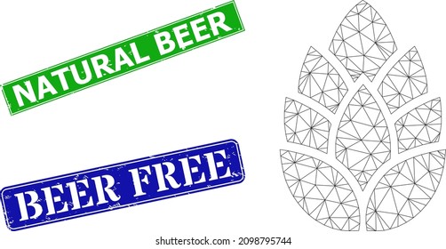 Net hop cone image, and Natural Beer blue and green rectangular corroded seals. Mesh wireframe image is based on hop cone pictogram. Stamp seals have Natural Beer text inside rectangular form.