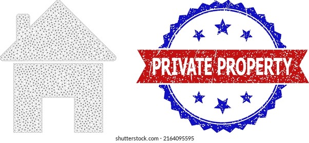 Net house carcass icon, and bicolor unclean Private Property seal stamp. Polygonal carcass illustration is based on house icon.