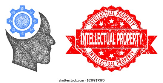 Net human intellect gear icon, and Intellectual Property scratched ribbon stamp seal. Red stamp includes Intellectual Property caption inside ribbon.