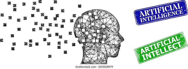 Net human memory synthesis image, and Artificial Intelligence blue and green rectangular unclean seals. Polygonal carcass symbol is designed with human memory synthesis icon.