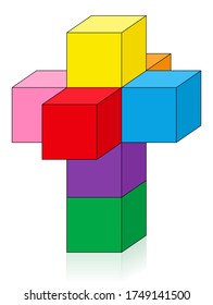 Net of a Hypercube, Tesseract or Octachoron folded in 4th dimension to get a 4D Hypercubus, a special mathematical and geometrical issue with eight colorful cubes. Vector illustration.
