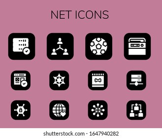 net icon set. 12 filled net icons. Included Server, Web, Vpn, Connection, Graphene, Earth grid, Soccer, Feed, Connect, Radio, Network icons