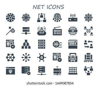 Netto-Icon-Set. 30 gefüllte Netzsymbole.  Einfache, moderne Symbole wie: Fußball, Spider Web, Netzwerk, Net, Modem, Schmetterlingsserver, Radio, Internet, Web, Hierarchie Struktur, Basketball