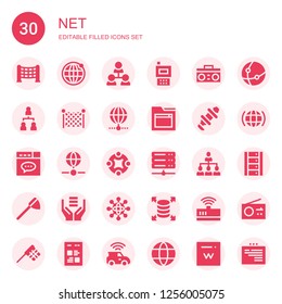 net icon set. Collection of 30 filled net icons included Net, Earth grid, Hierarchical structure, Radio, Fishing net, Internet, Website, Hub, Connect, Server, Networking, Modem