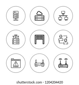 Net icon set. collection of 9 outline net icons with network, router, server, web icons. editable icons.