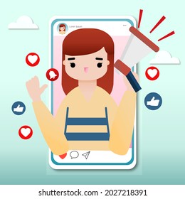 Net Idol Influencer Social Media Marketing Concept Girl With Megaphone Vector Illustration Design 