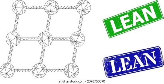 Net inclined grid nodes image, and Lean blue and green rectangular grunge seals. Polygonal wireframe image designed with inclined grid nodes pictogram.
