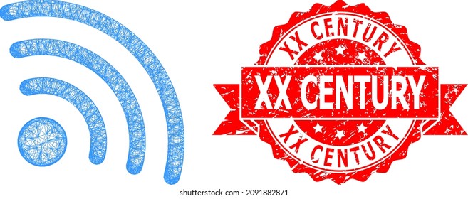 Icono de la fuente de Internet y sello de timbre de cinta impura del siglo XX. El sello rojo incluye el pie de foto del siglo XX en el interior de la cinta. Red plana de canal con eclosión geométrica basada en el icono de la fuente de internet,