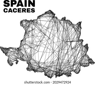 Net irregular mesh Caceres Province map. Abstract lines form Caceres Province map. Wire carcass flat network in vector format.
