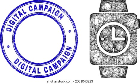 Net irregular mesh clock watches icon, and Digital Campaign scratched round seal. Abstract lines are combined into clock watches object. Blue seal includes Digital Campaign caption inside round form.