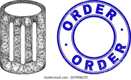 Net irregular mesh cylinder container icon with Order grunge round seal. Abstract lines form cylinder container picture. Blue seal includes Order text inside round form.