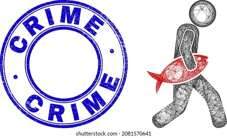 Net irregular mesh fish robber icon with Crime rubber round seal. Abstract lines form fish robber illustration. Blue stamp seal has Crime caption inside round form.