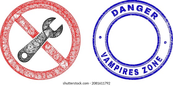 La malla irregular de la red prohíbe el icono de reparación y la zona de peligro de los vampiros grunge sello redondo. Líneas abstractas forman ilustración de reparación prohibida.