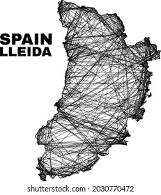 Net irregular mesh Lleida Province map. Abstract lines are combined into Lleida Province map. Linear carcass flat net in vector format.