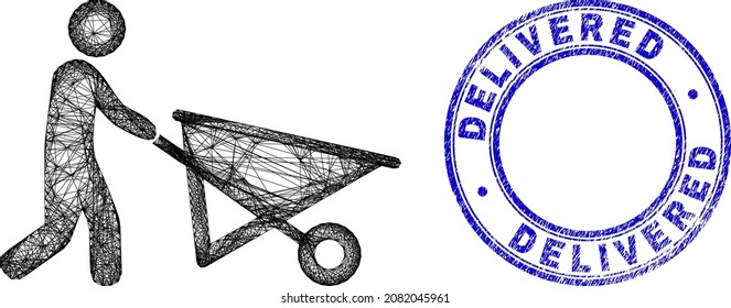 Net irregular mesh man with wheelbarrow icon with Delivered textured round seal imitation. Abstract lines are combined into man with wheelbarrow object.