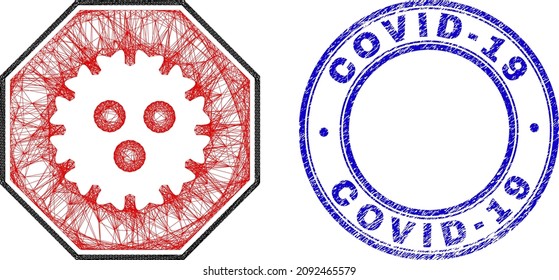 Net irregular mesh stop coronavirus octagon icon, and Covid-19 Quarantine scratched round stamp seal. Abstract lines form stop coronavirus octagon picture.