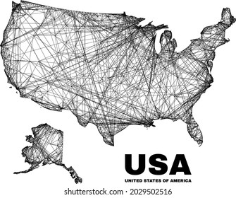 Red irregular de malla USA con mapa de Alaska. Las líneas abstractas se combinan en EEUU con el mapa de Alaska. Red 2D de canal de cable en formato vectorial.
