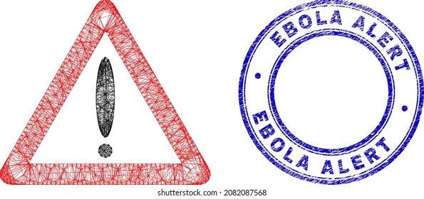 Net irregular mesh warning sign icon with Ebola Alert rubber round stamp seal. Abstract lines are combined into warning sign illustration.