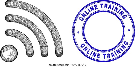 Net irregular mesh Wi-Fi point icon, and Online Training textured round stamp. Abstract lines form Wi-Fi point object. Blue stamp has Online Training tag inside circle form.